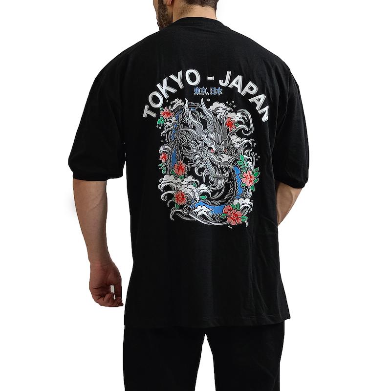 تیشرت آستین کوتاه مردانه مشکی قواره بزرگ طرح اژدها ژاپن