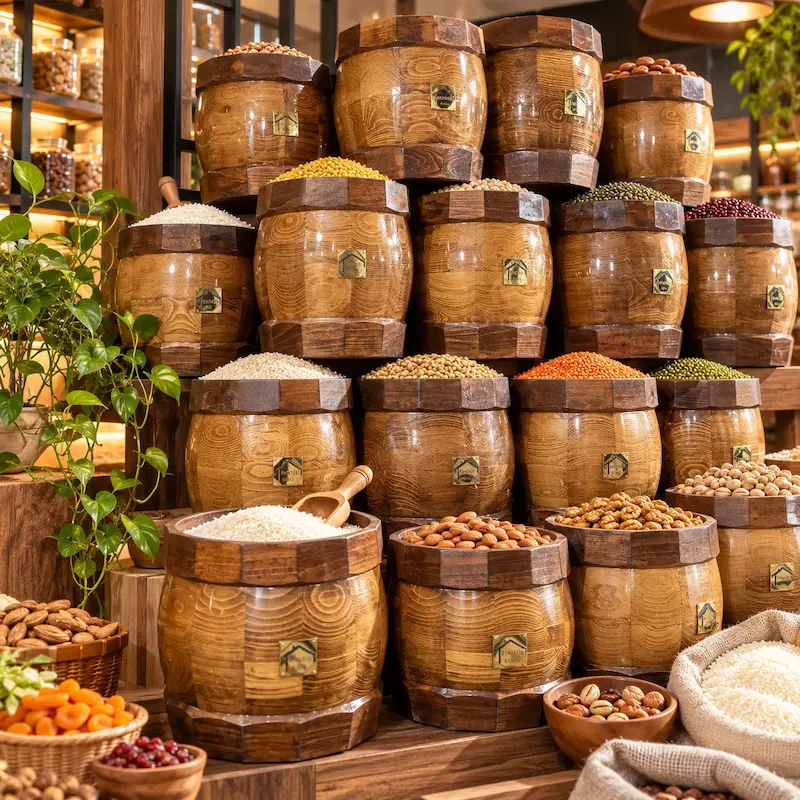خمره چوبی راشین-ظرفیت ۱۲ کیلوگرم ، دارای درب و آستر نخ پنبه