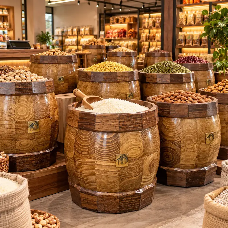 خمره چوبی راشین-ظرفیت ۱۲ کیلوگرم ، دارای درب و آستر نخ پنبه
