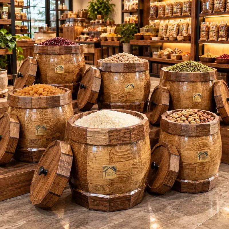 خمره چوبی راشین-ظرفیت ۱۲ کیلوگرم ، دارای درب و آستر نخ پنبه