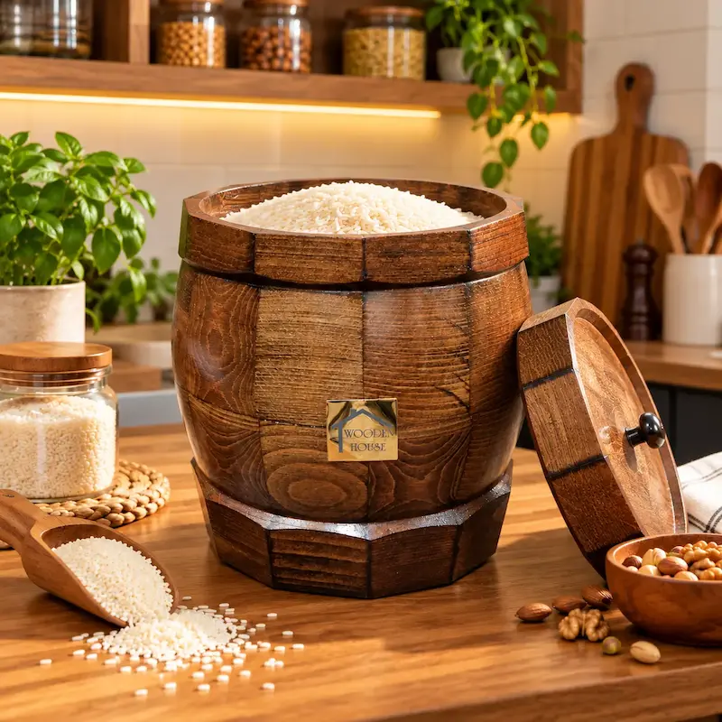 خمره چوبی راشین-ظرفیت ۱۲ کیلوگرم ، دارای درب و آستر نخ پنبه