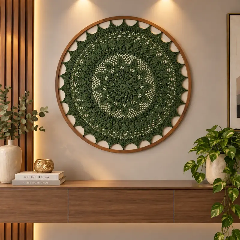دیوارکوب ماندالا قلاب بافی سبز رنگ مدل تهیونگ