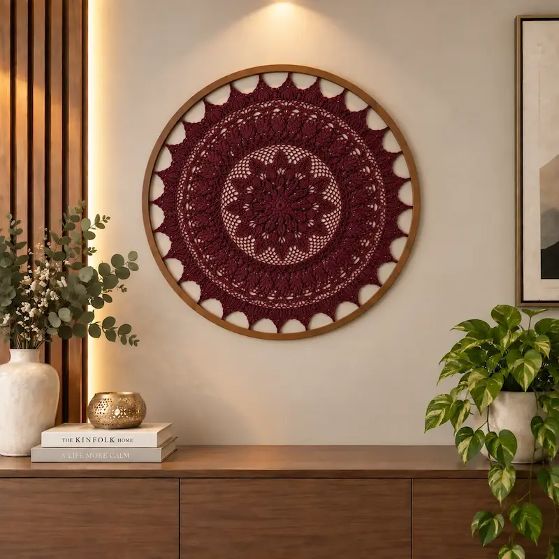 دیوارکوب ماندالا قلاب بافی زرشکی رنگ مدل تهیونگ