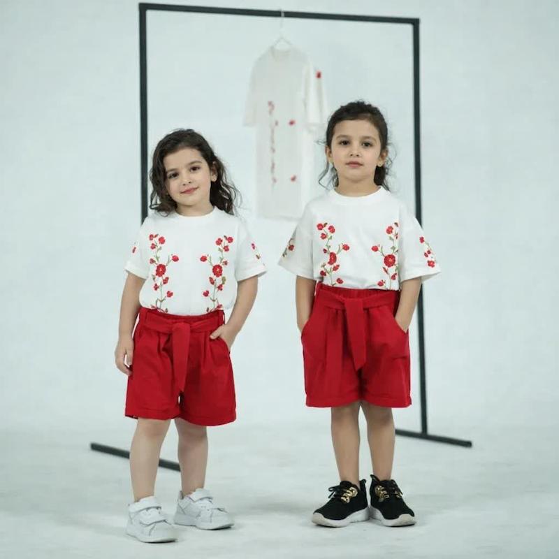 لباس دخترانه تیشرت شورتک کمربند دار 3 تا 9 سال