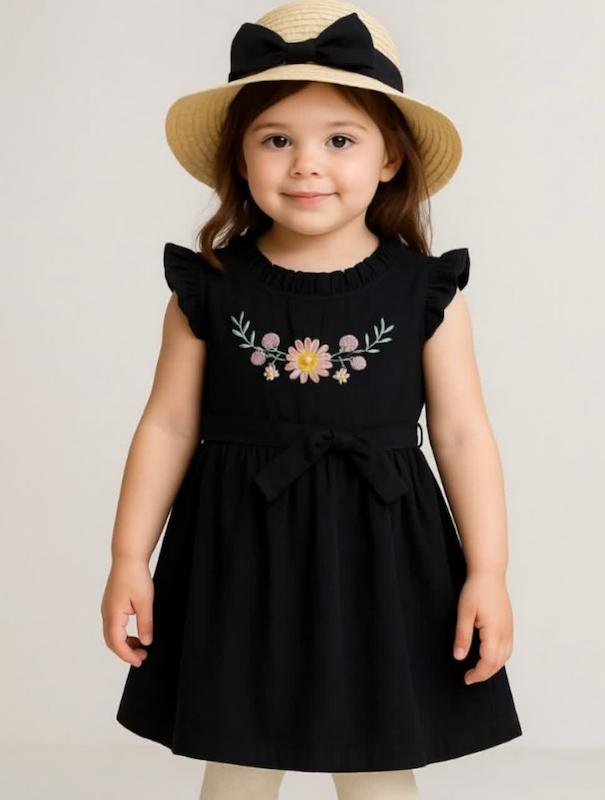 پیراهن لینن سینه گلدوزی مشکی دخترانه 1 تا 7 سال