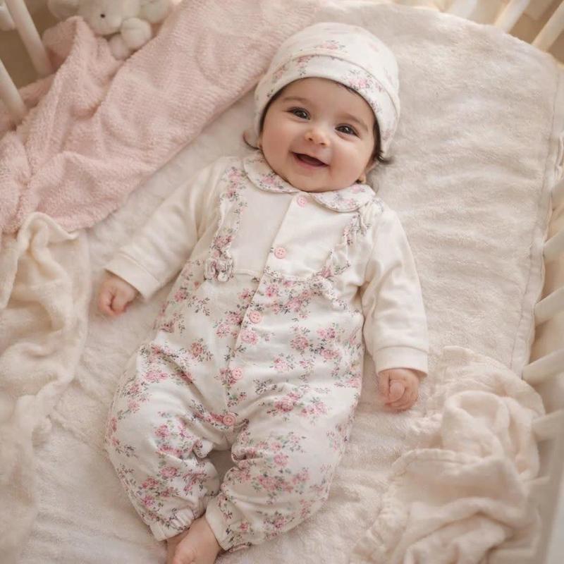 لباس نوزادی سرهمی نخ پنبه دخترونه تا 9 ماه