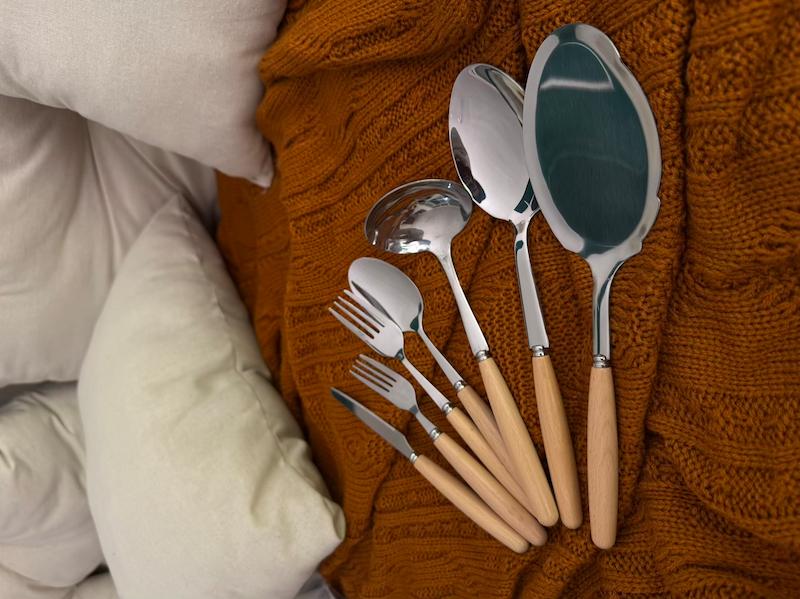 ست کامل قاشق چنگال استیل دسته چوبی