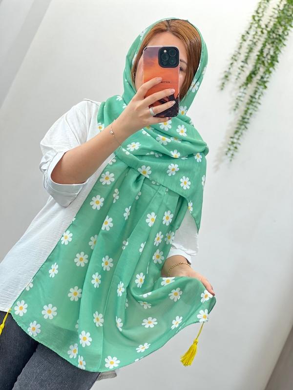 شال چاپی نخی منگوله دار کد ۱۰۷۵