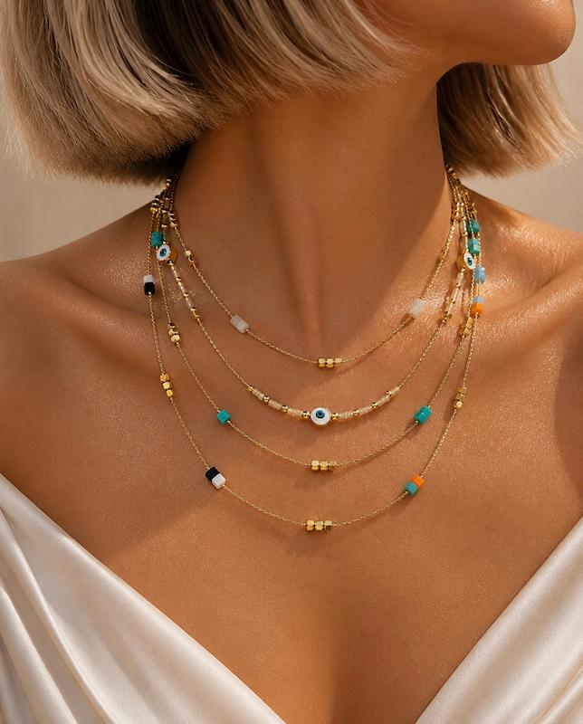 گردنبند زنانه چندرشته منجوقی با چشم نظر