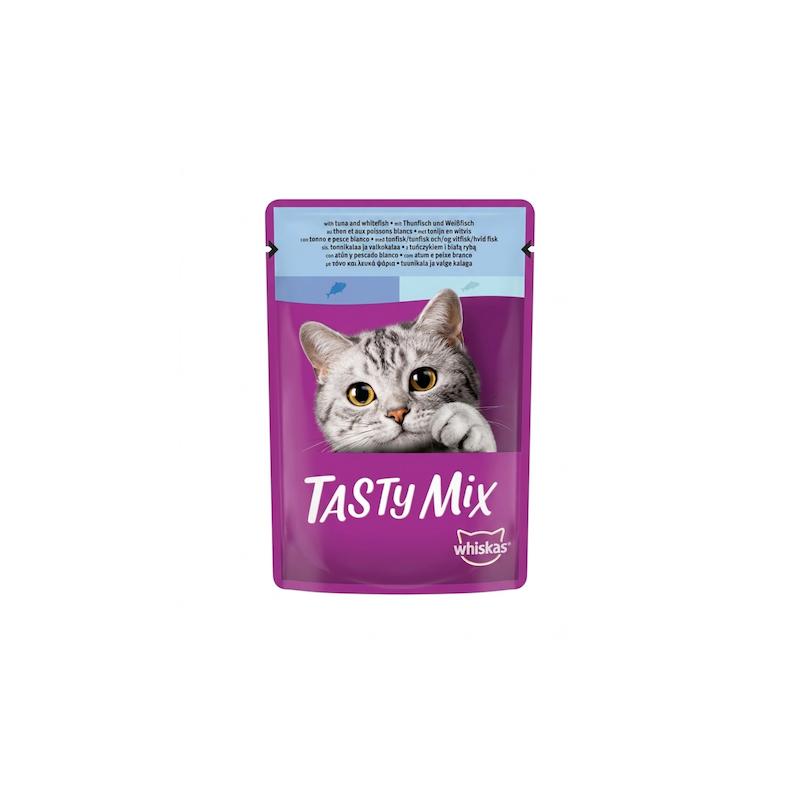 پوچ گربه ویسکاس مدل Tasty Mix با طعم ماهی تن و ماهی سفید در سس 85 گرم