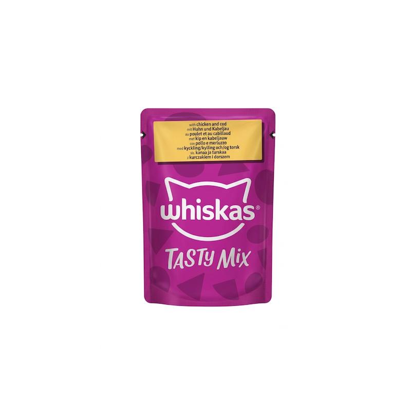 پوچ گربه ویسکاس مدل Tasty Mix با طعم مرغ و ماهی کاد در سس 85 گرم