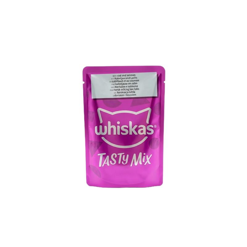 پوچ گربه ویسکاس مدل Tasty Mix با طعم ماهی سالمون و ماهی کاد در سس 85 گرم