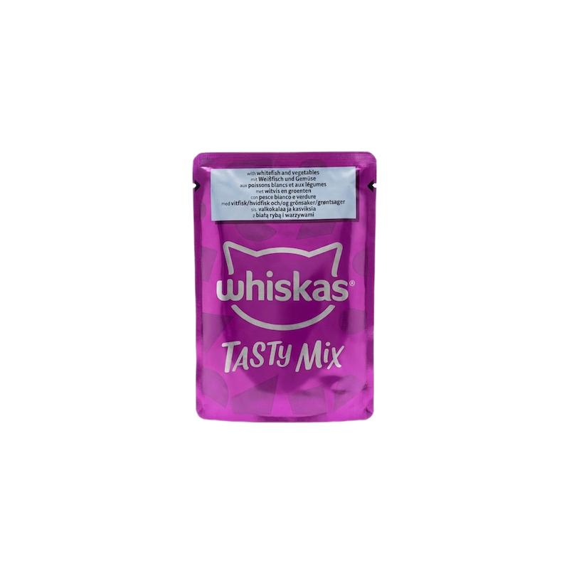 پوچ گربه ویسکاس مدل Tasty Mix با طعم ماهی سفید و سبزیجات در سس 85 گرم