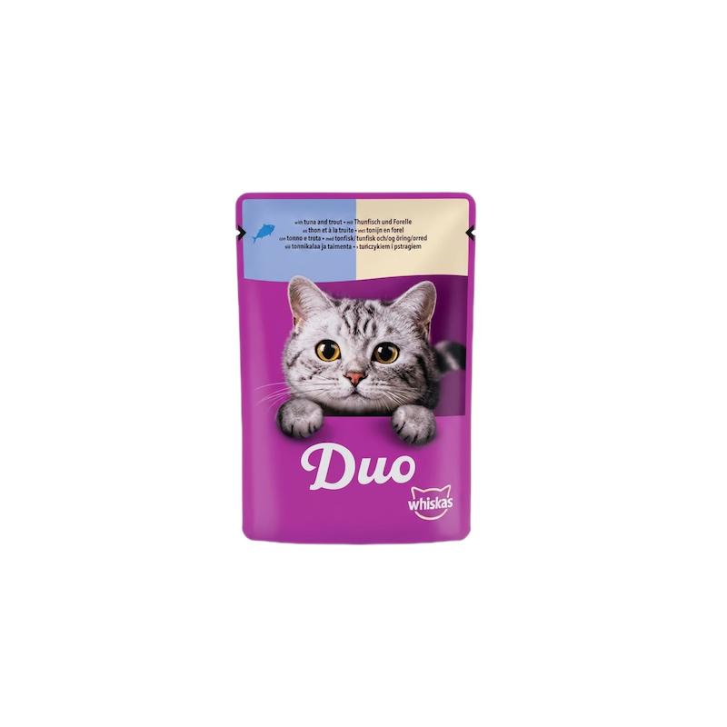 پوچ گربه ویسکاس مدل Duo با طعم ماهی تن و ماهی قزل آلا در ژله 85 گرم