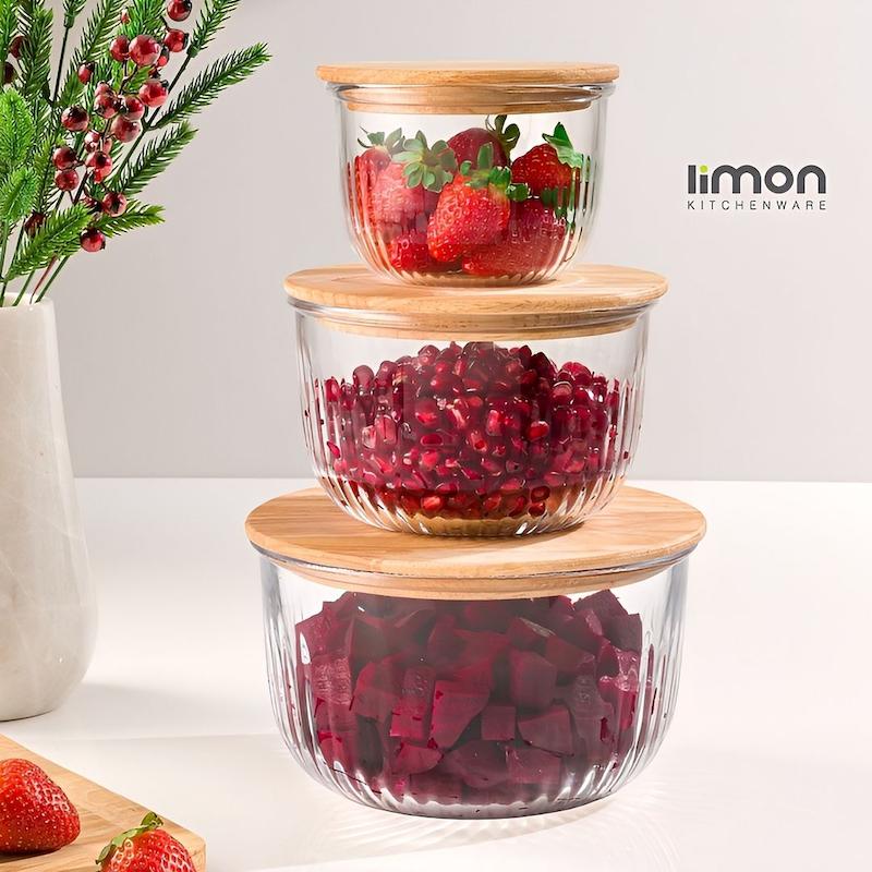 ست ظرف شیشه ای گرد درب چوبی