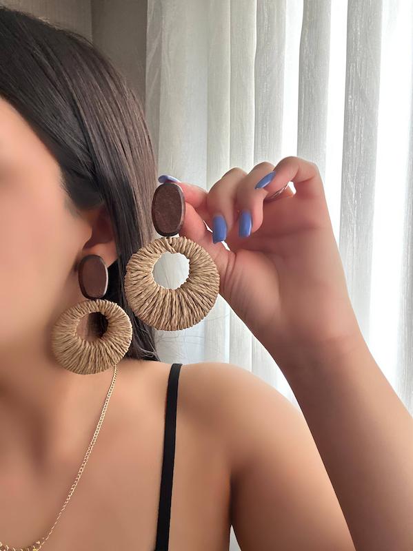 گوشواره چوبی طبیعی حصیری دایره