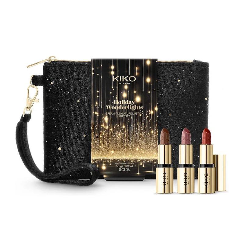 ست رژ لب کرمی طلایی کیکو با کیف شاین KIKO MILANO Holiday Wonderlights Creamy Miniature Lipstick Gift Set Holiday 