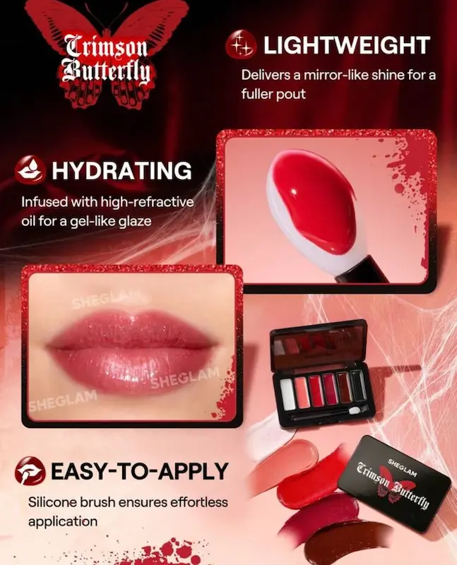 پالت لیپ گلاس پروانه  زرشکی شیگلم SHEGLAM Phantom'S Kiss Lip Gloss Palette Moisturizing Lip Gloss High