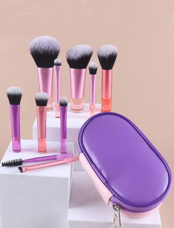 ست براش ۱۰ عددی با کیف چرمی اورجینال شین (شی ان) رنگ صورتی بنفش  SHEIN Makeup Brush Set 