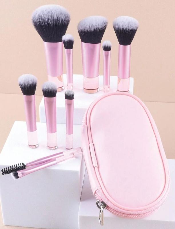 ست براش ۱۰ عددی با کیف چرمی اورجینال شین (شی ان) رنگ صورتی SHEIN Makeup Brush Set 