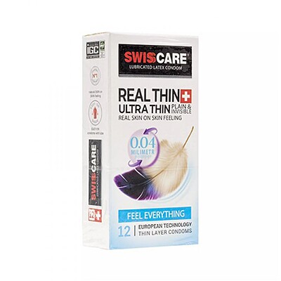 کاندوم بسیار نازک سوئیس کر Swisscare Real Thin Ultra Thin بسته ۱۲ عددی