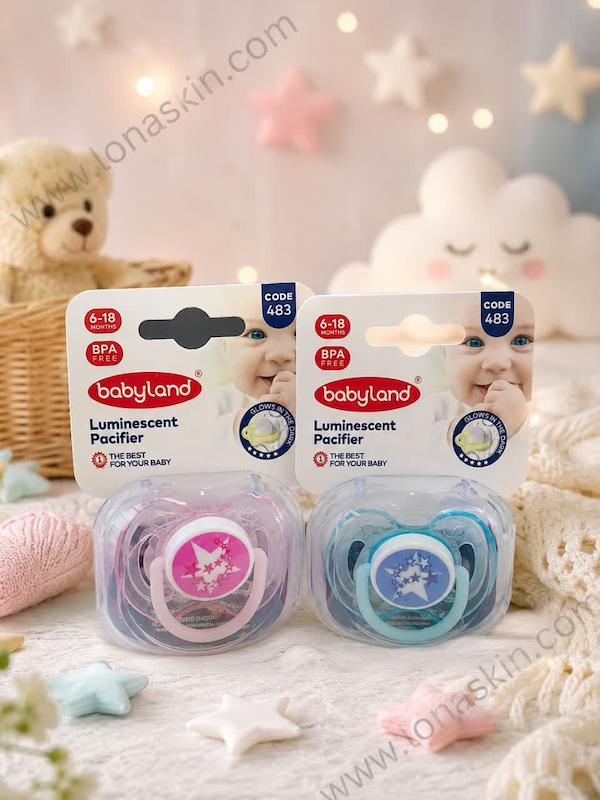 پستانک ارتودنسی شب تاب بیبی لند کد 483 مناسب 6 تا 18 ماه Baby Land Night time Orthodontic Pacifier Code 483 6-18 Months