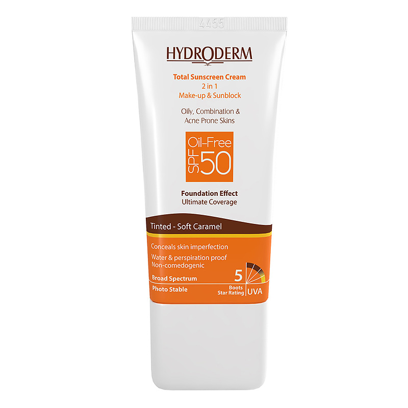 ضد آفتاب کرم پودری فاقد چربی 2 در 1 SPF50 رنگی هیدرودرم Tinted Total Sunscreen Cream 2 in 1 Make up And Sunblock SPF50 Hydroderm