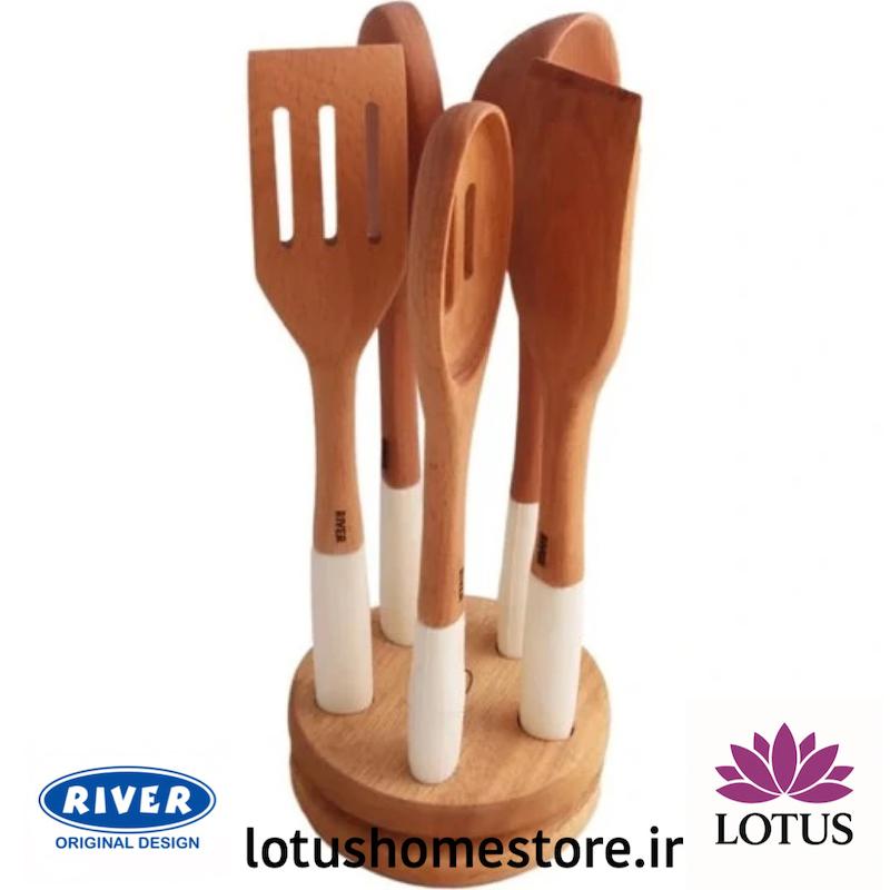 ست کفگیر و ملاقه چوبی  ۶ پارچه ریور مدل 8492 دسته سیلیکونی با استند چوبی