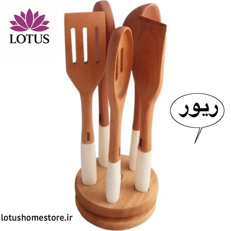 ست کفگیر و ملاقه چوبی  ۶ پارچه ریور مدل 8492 دسته سیلیکونی با استند چوبی