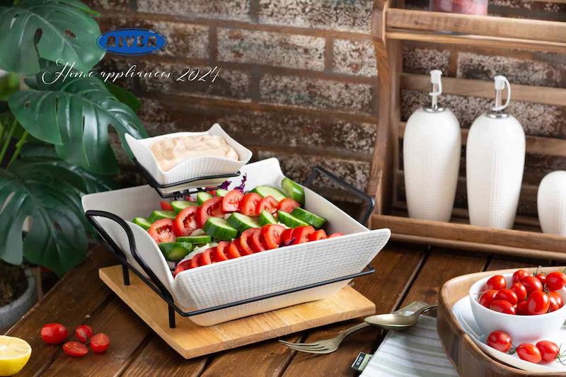 کاسه سالاد مربع با سس خوری   ریور ۴۹۰۳  چینی بن چاینا با زیره چوبی رابروود