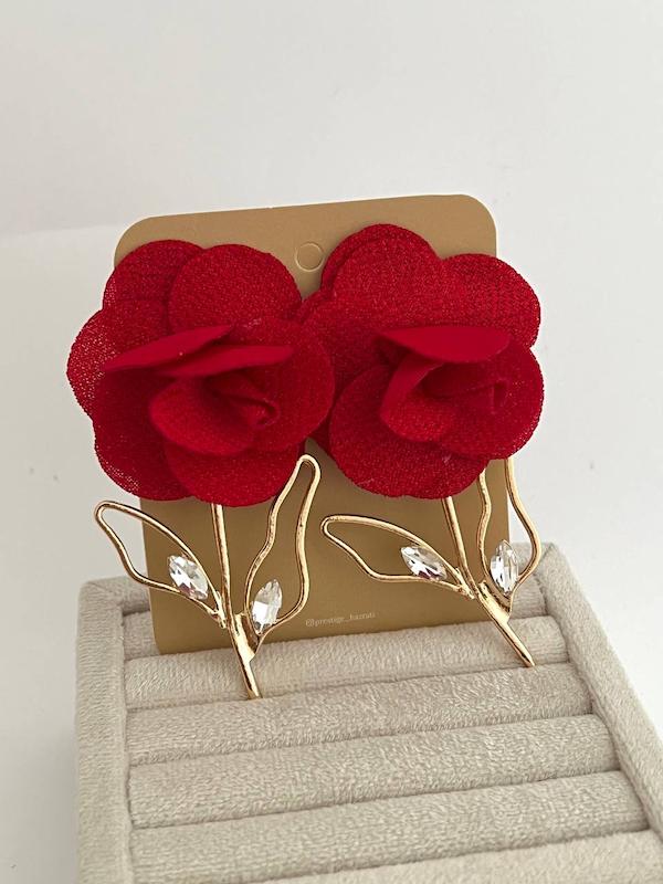 گوشواره گل رز پارچه ای 