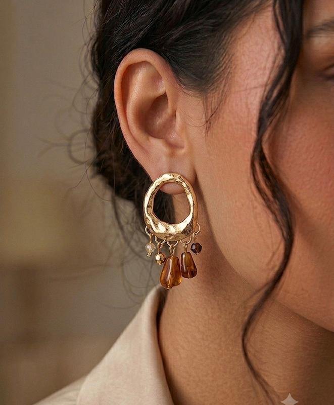 گوشواره بیضی و اویز سنگی 