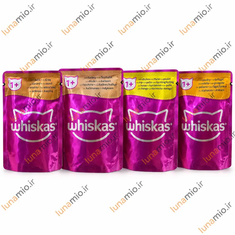 پوچ گربه ویسکاس ۸۵ گرم 1+ در طعم‌های اردک، بوقلمون، مرغ و ماکیان