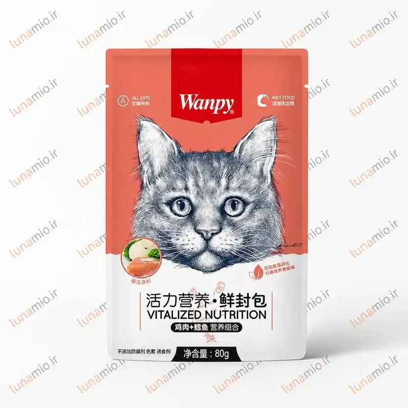 پوچ گربه ونپی مرغ و ماهی کاد ۸۰ گرم بسته‌بندی گلبهی چینی‌نویس