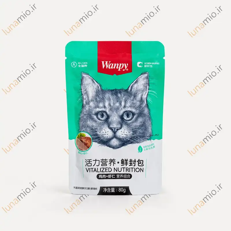 پوچ گربه ونپی مرغ و میگو ۸۰ گرم بسته‌بندی سبز چینی‌نویس