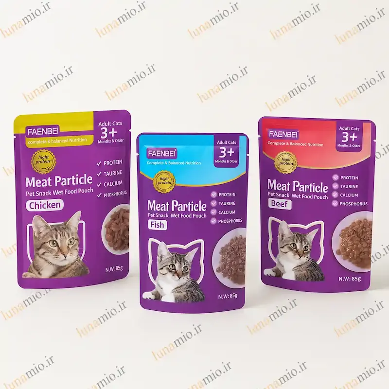 پوچ فنبی میت پارتیکل ۸۵ گرم در سه طعم مرغ، ماهی و گوشت گاو