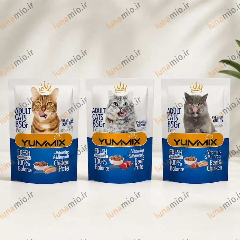 پوچ پته یامیکس گربه بالغ ۸۵ گرم در سه طعم مرغ، گوشت گاو و مرغ و گوشت گاو