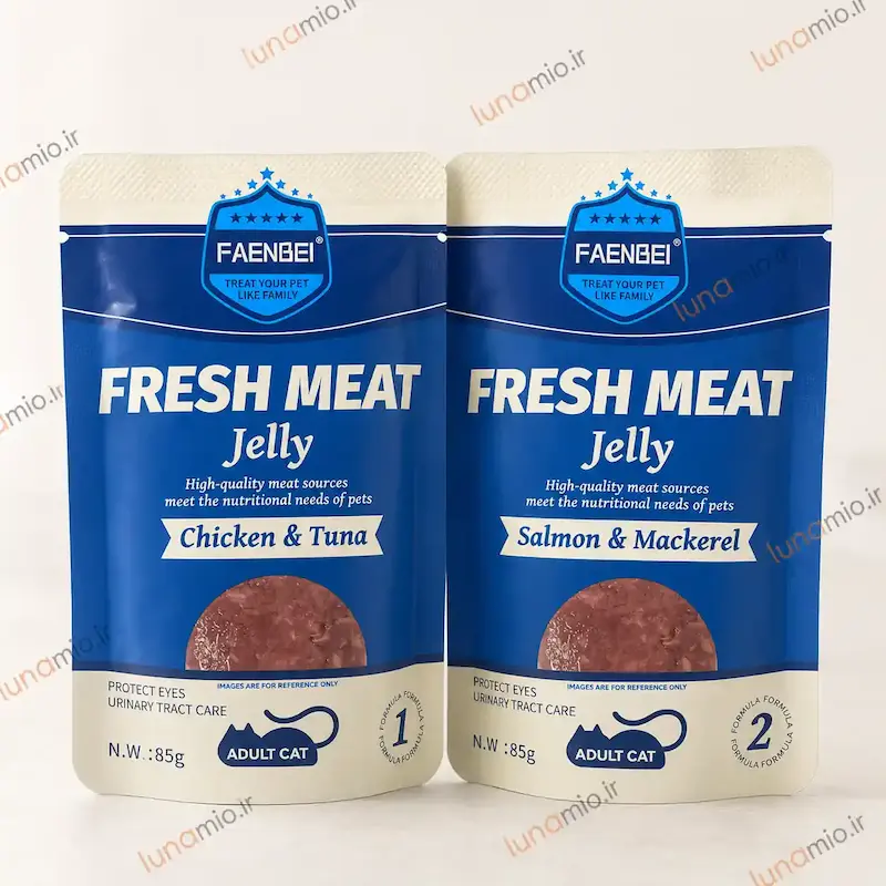 پوچ فنبی فرش میت ژله ۸۵ گرم در دو طعم مرغ و ماهی تن و سالمون و ماهی خال مخالی