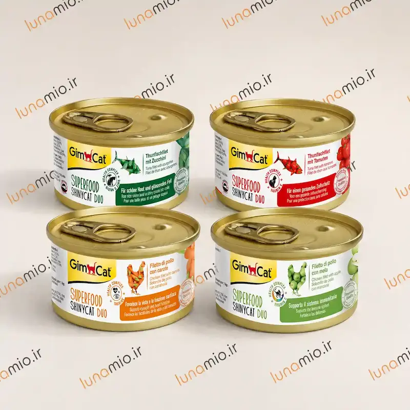 کنسرو جیم کت شاینی کت دوو ۷۰ گرم در چهار طعم ماهی تن و کدو سبز، ماهی تن و گوجه، مرغ و هویج و مرغ و سیب