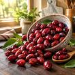  عکس زغال اخته درختی (Cornelian Cherry) تازه و قرمز براق در کاسه سرامیکی روی میز چوبی آشپزخانه