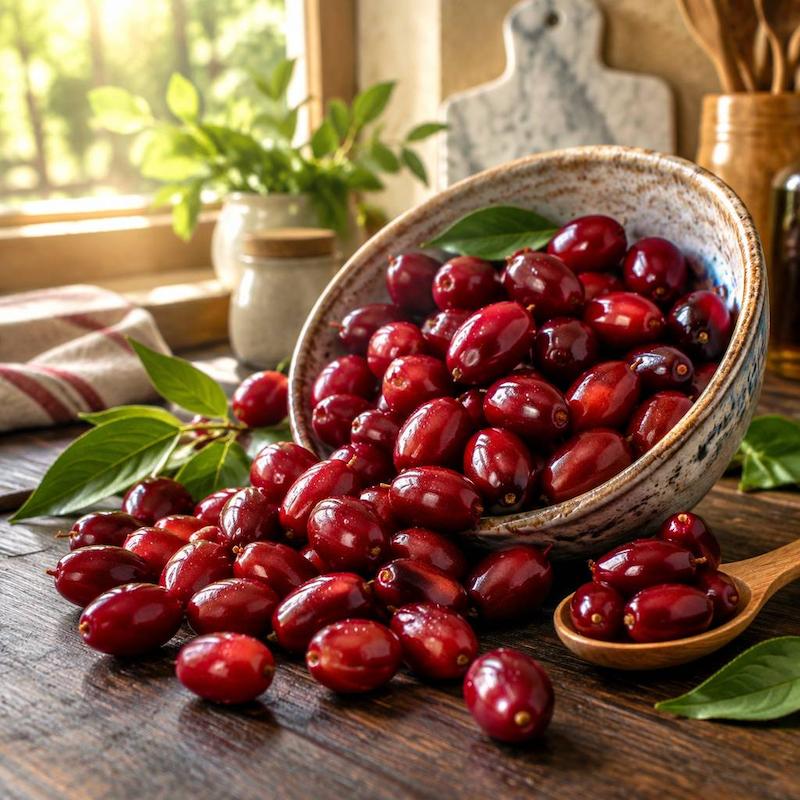  عکس زغال اخته درختی (Cornelian Cherry) تازه و قرمز براق در کاسه سرامیکی روی میز چوبی آشپزخانه
