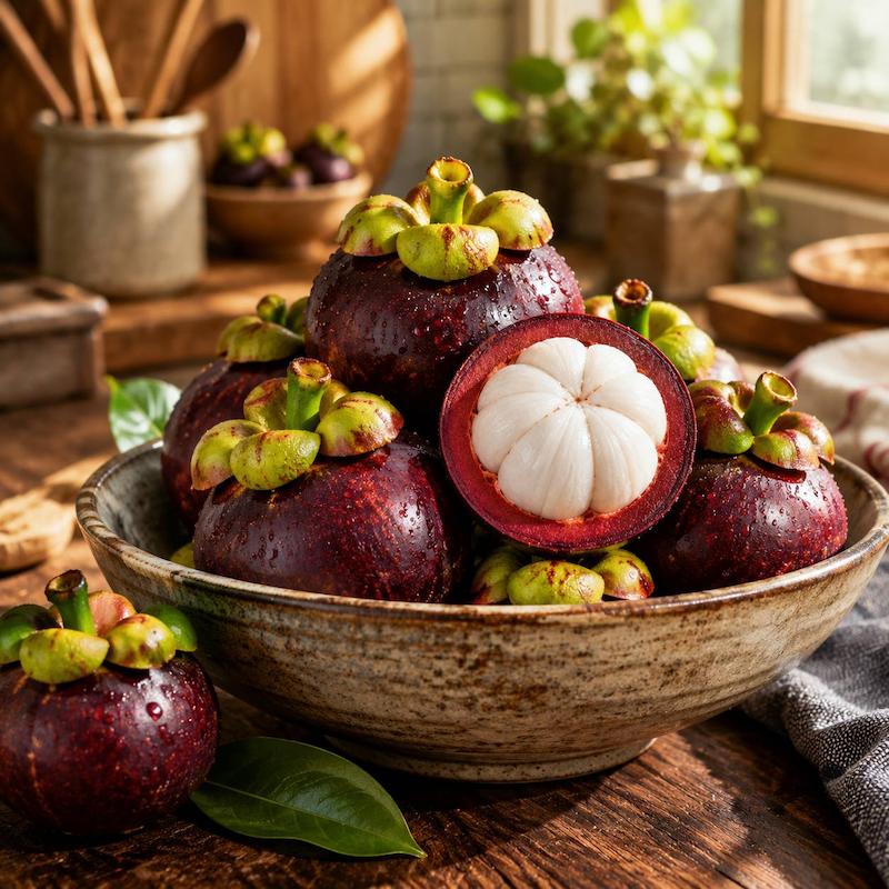 میوه منگوستین تازه با پوست بنفش تیره و گوشت سفید آبدار