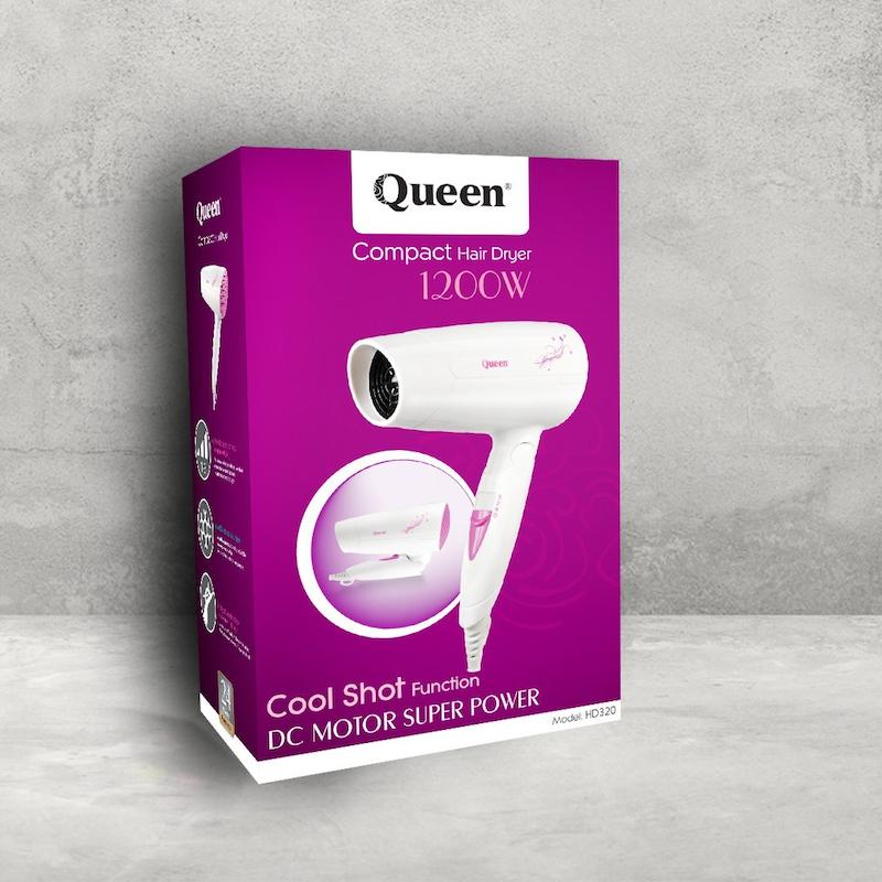 سشوار مسافرتی کویین مدل HD320 توان ۱۲۰۰ وات — سبک و تاشو