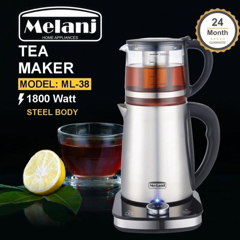 ملانژ چای‌ساز کنارهمی مدل ML38 – کتری استیل + قوری شیشه‌ای، مناسب خانگی