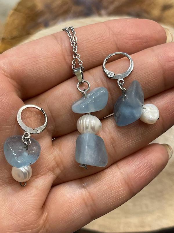 ست سنگ آکوامارین و مروارید شل 