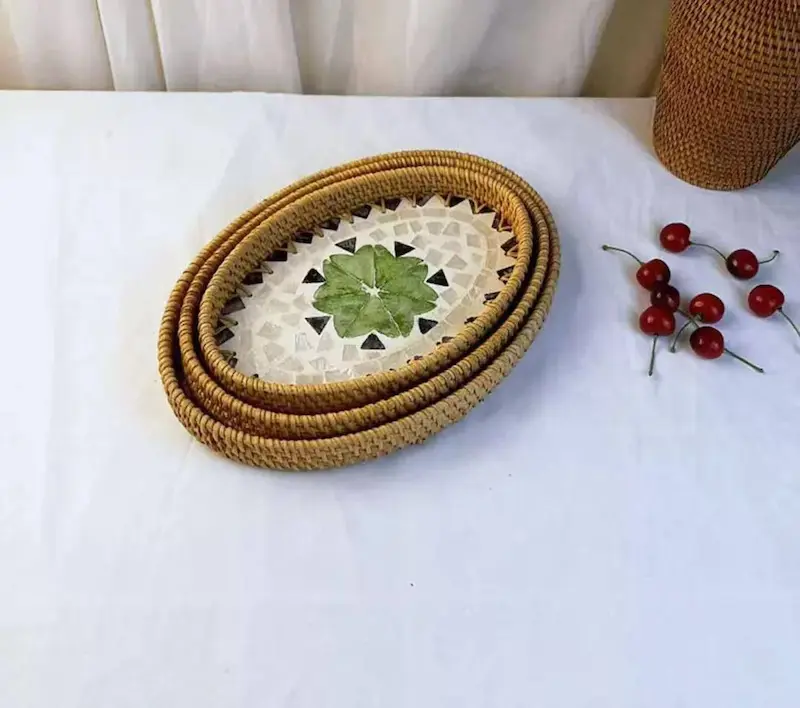 سینی بیضی مدل راتان کف صدفی(۳سایز)