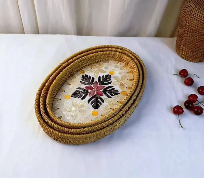 سینی بیضی مدل راتان کف صدفی(۳سایز)