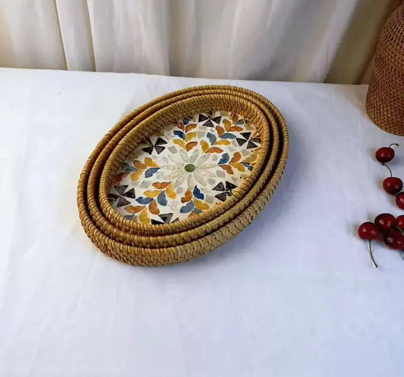 سینی بیضی مدل راتان کف صدفی(۳سایز)