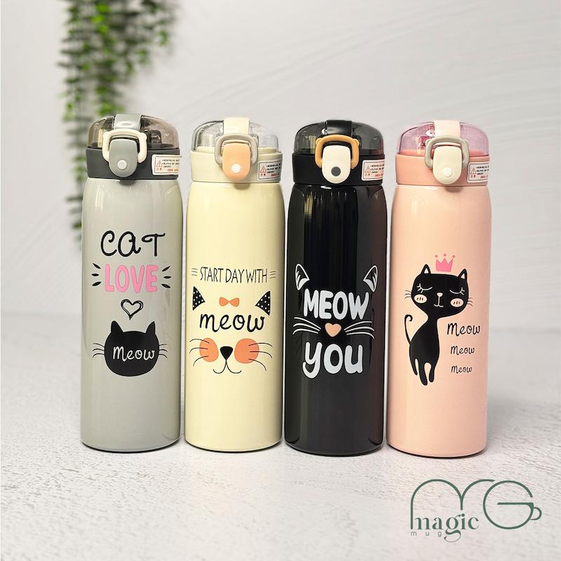 قمقمه استیل نی دار کودک طرح گربه ظرفیت ۵۰۰ میلی لیتر کد ۰۰۱۰۷