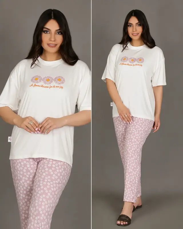ست تی شرت و شلوار زنانه گیاهی طرح بابونه